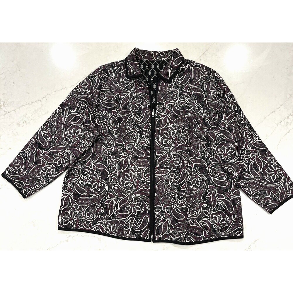 Quilted Jacket‎ Womens Plus Black White Maroon Floral Paisley Geo Reversible Zip